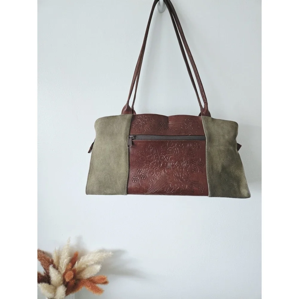 Leaders in Leather Purse Tooled Brown Leather‎ Green Suede Bag Floral Pattern